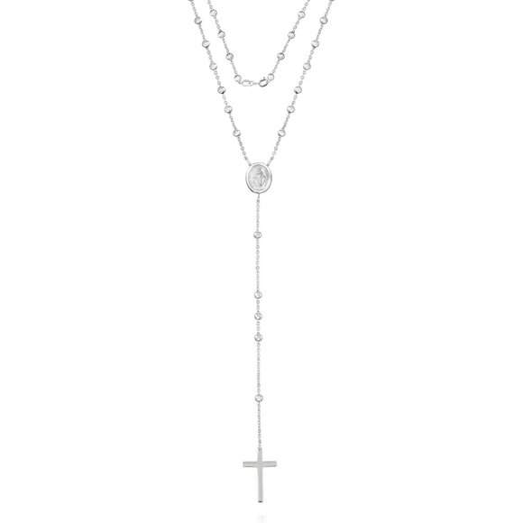 925 Sterling Silver Beaded Rosary Necklace with 18K Gold Plating, Cross & Medall - Picture 1 of 5